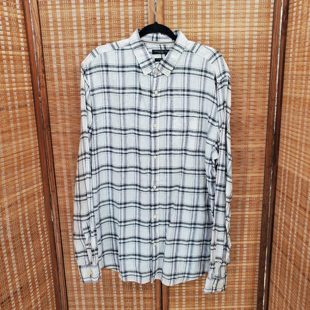 ♧ Banana Republic Camden Fit Linen Plaid Button Down Shirt Size XL White Black